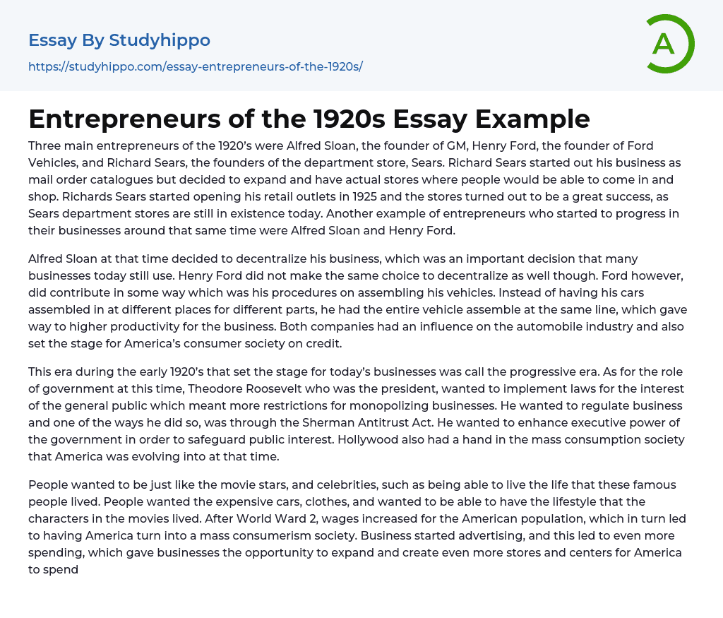 Entrepreneurs of the 1920s Essay Example