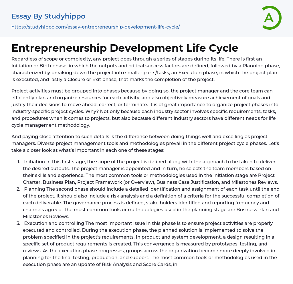 Entrepreneurship Development Life Cycle Essay Example