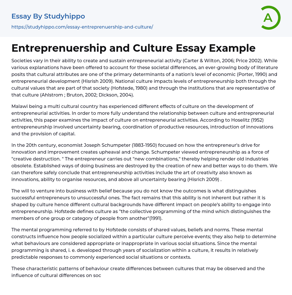 Entreprenuership and Culture Essay Example