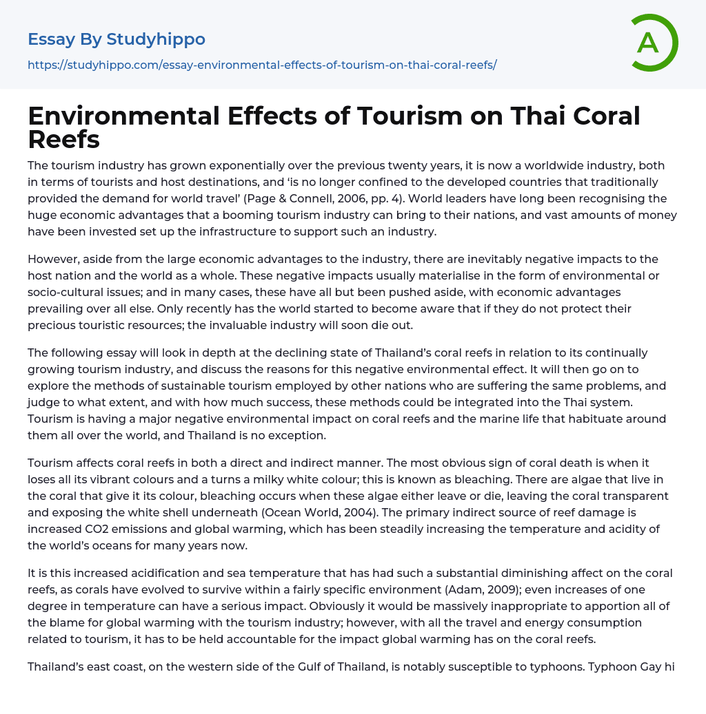 Environmental Effects of Tourism on Thai Coral Reefs Essay Example