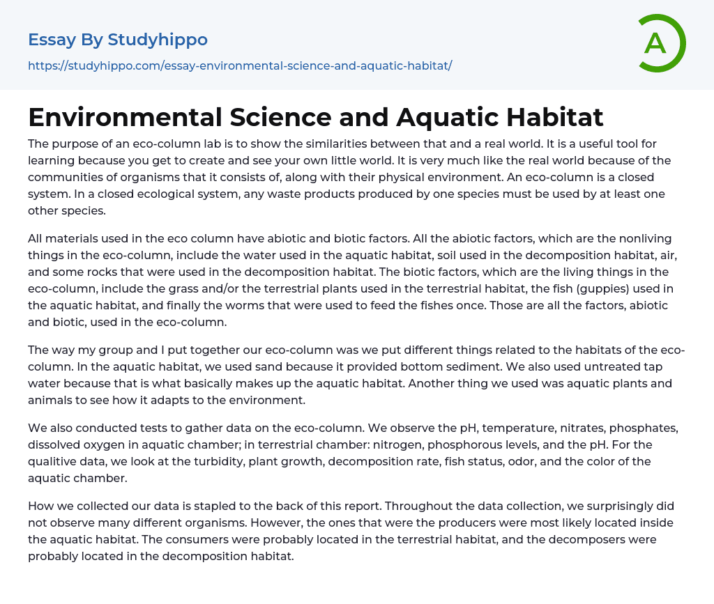 Environmental Science and Aquatic Habitat Essay Example