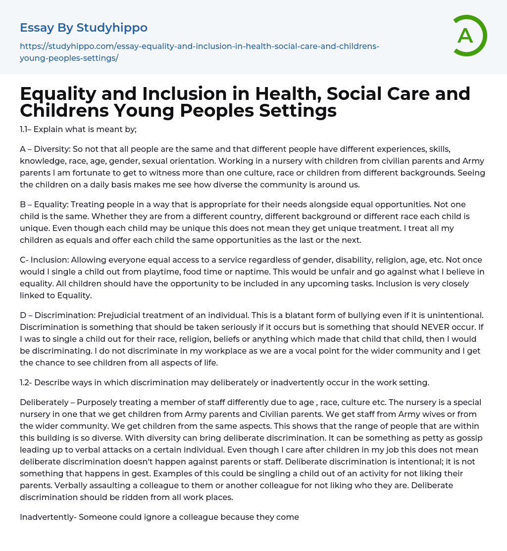 Equality and Inclusion in Health, Social Care and Childrens Young Peoples Settings Essay Example