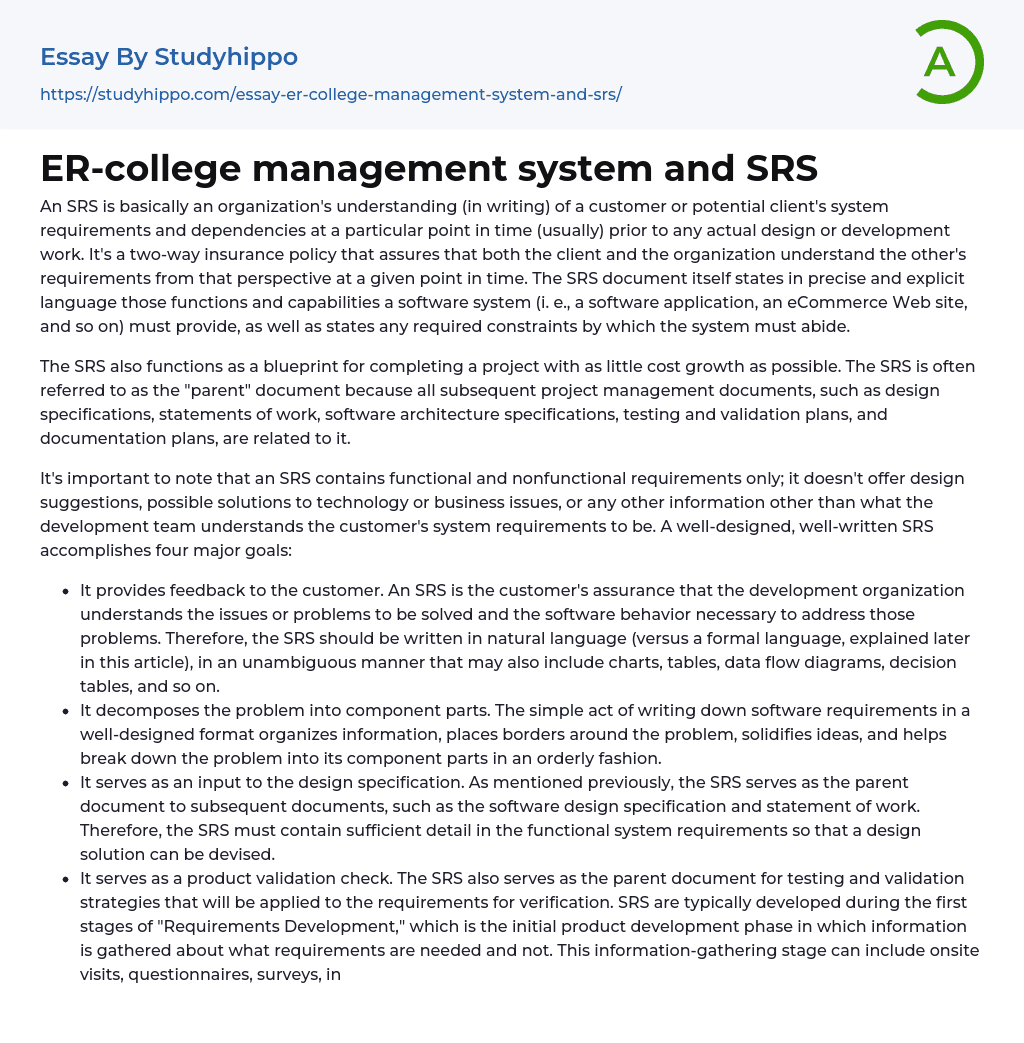 ER-college management system and SRS Essay Example