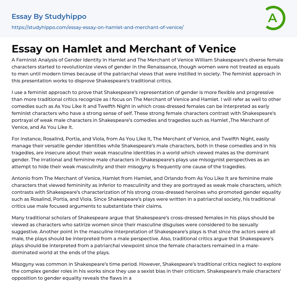 Essay on Hamlet and Merchant of Venice