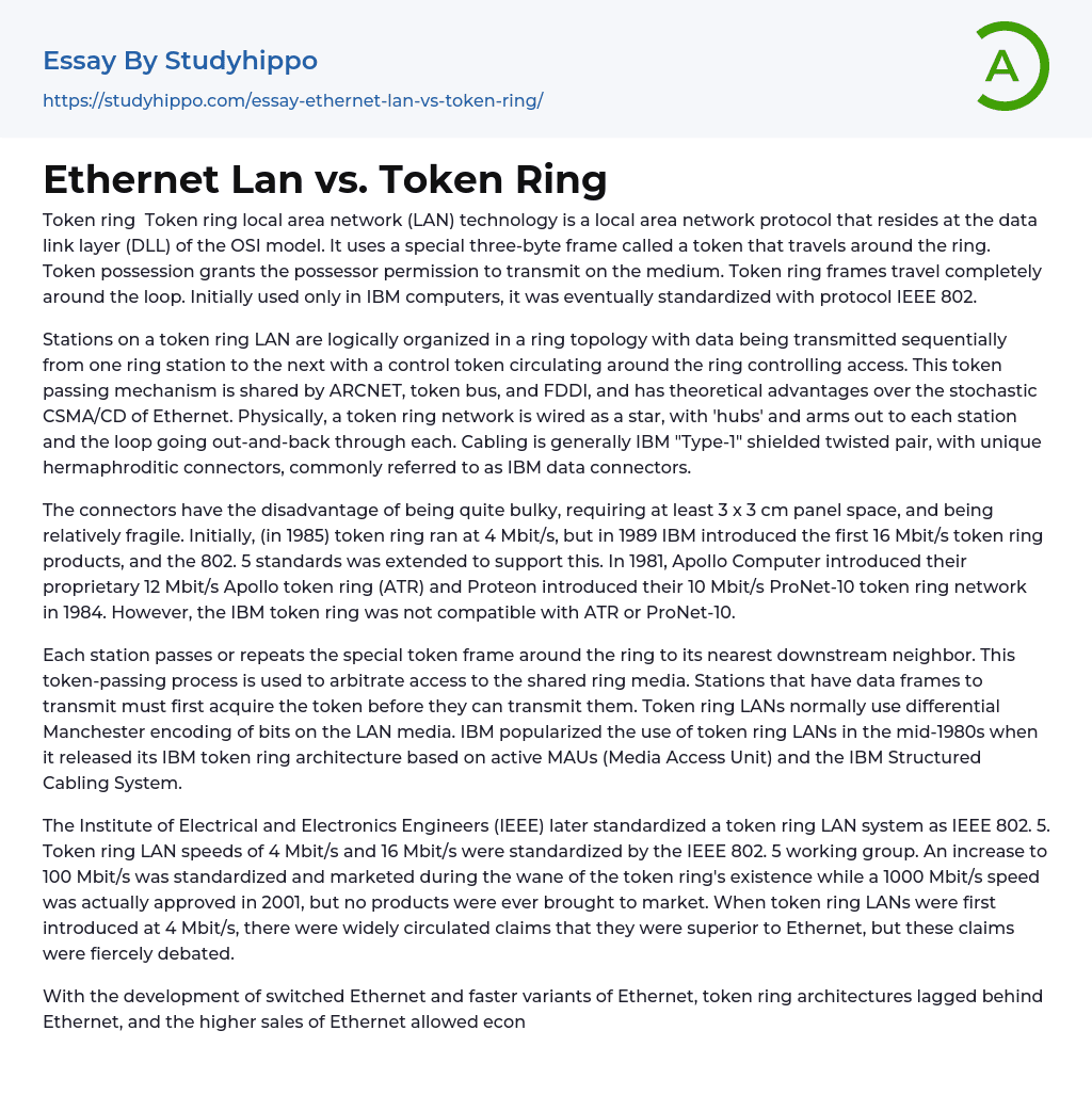 Ethernet Lan vs. Token Ring Essay Example