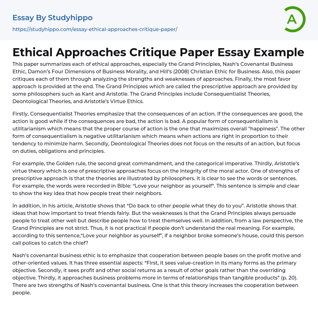 Ethical Approaches Critique Paper Essay Example