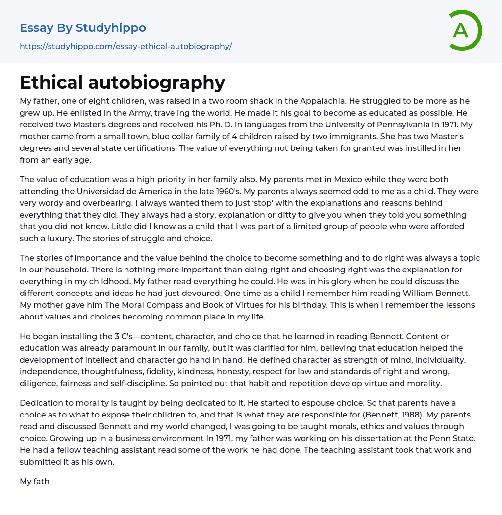 Ethical autobiography Essay Example