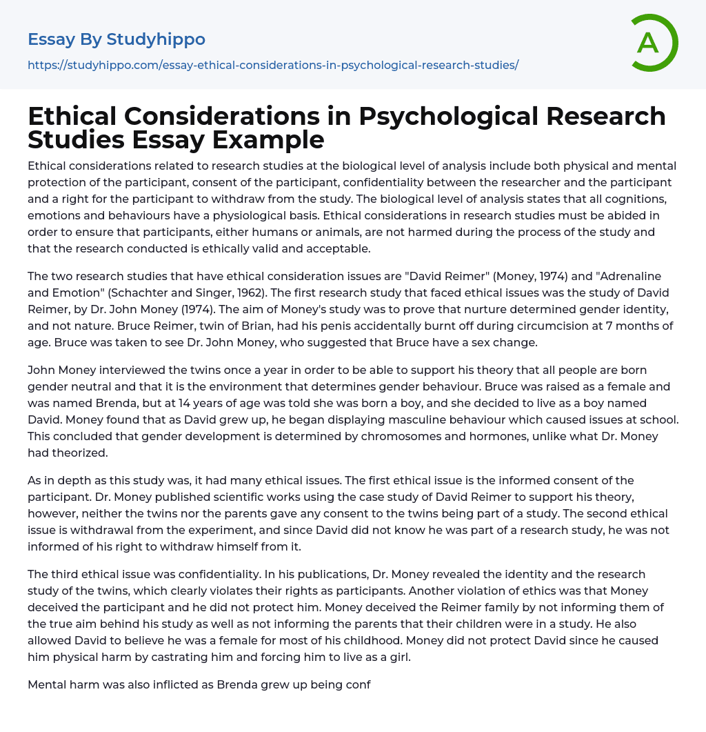 Ethical Considerations In Psychological Research Studies Essay Example 