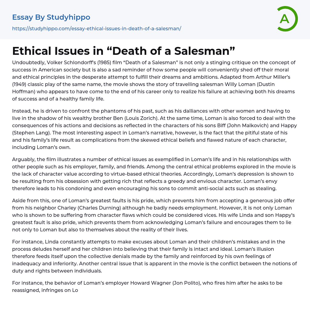 Ethical Issues in “Death of a Salesman” Essay Example