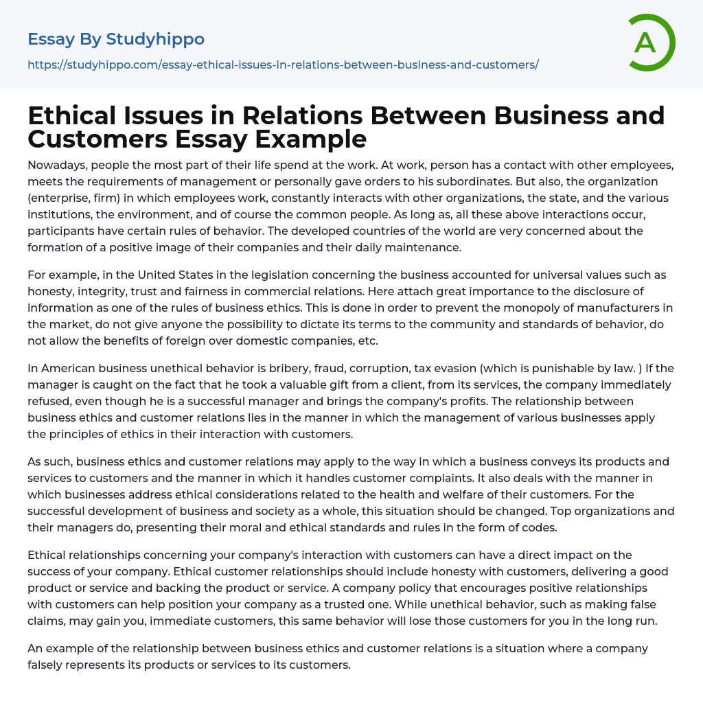 Ethical Issues in Relations Between Business and Customers Essay Example