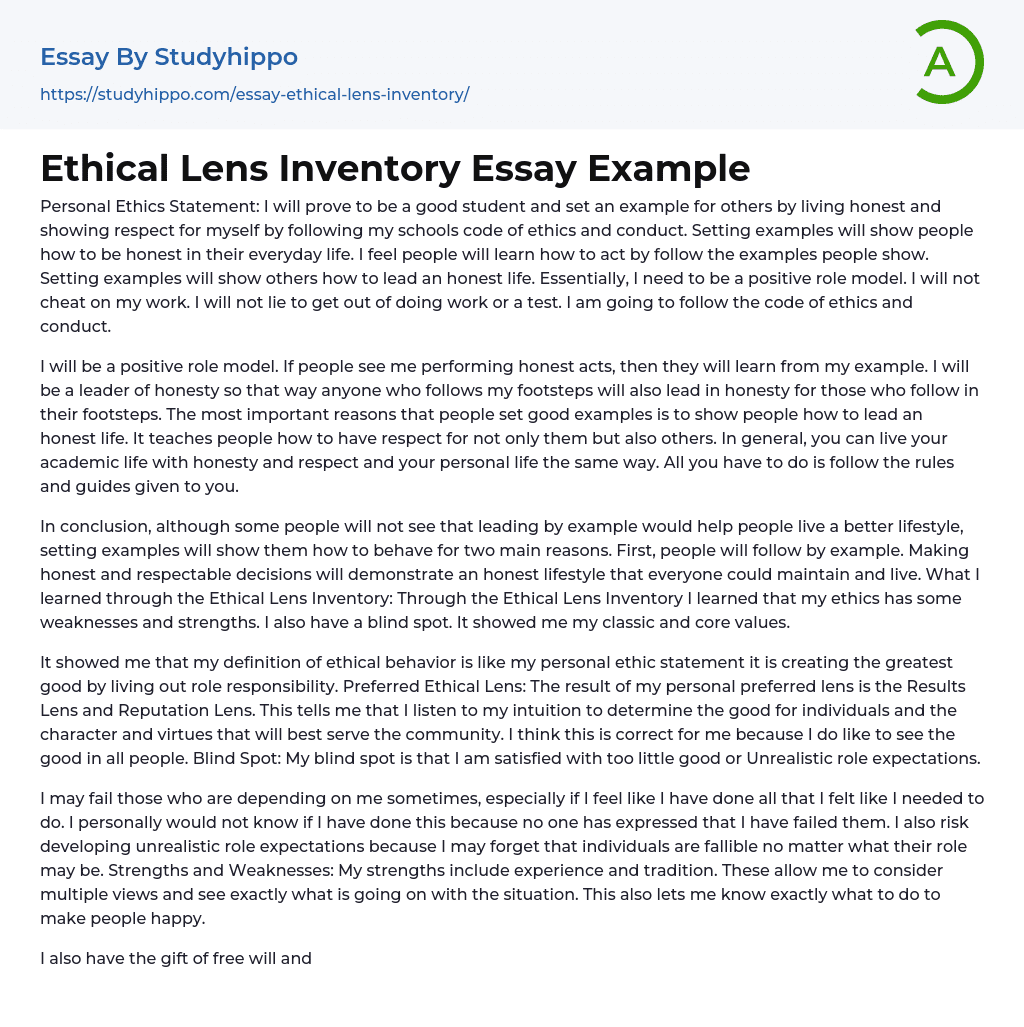 Ethical Lens Inventory Essay Example