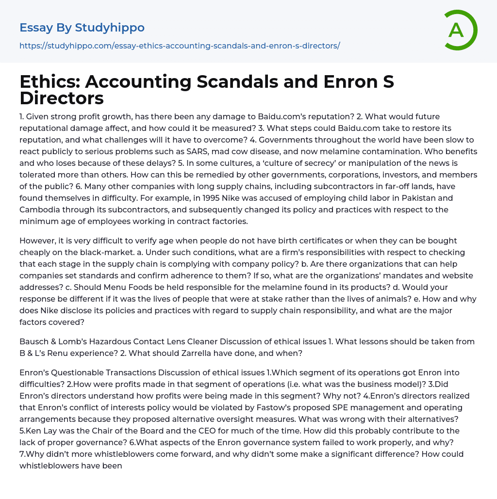 Ethics: Accounting Scandals and Enron S Directors Essay Example