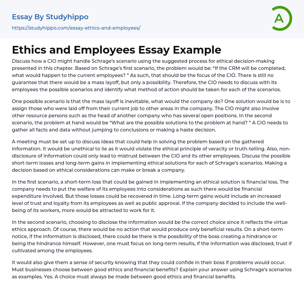 Ethics and Employees Essay Example
