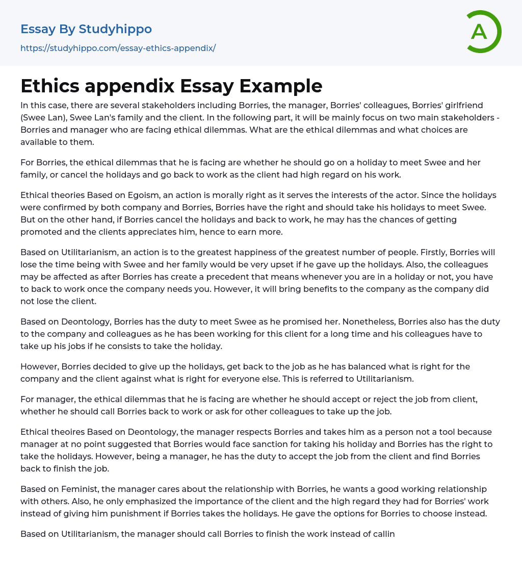 Ethics appendix Essay Example