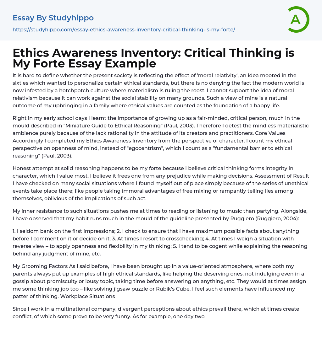 Ethics Awareness Inventory: Critical Thinking is My Forte Essay Example