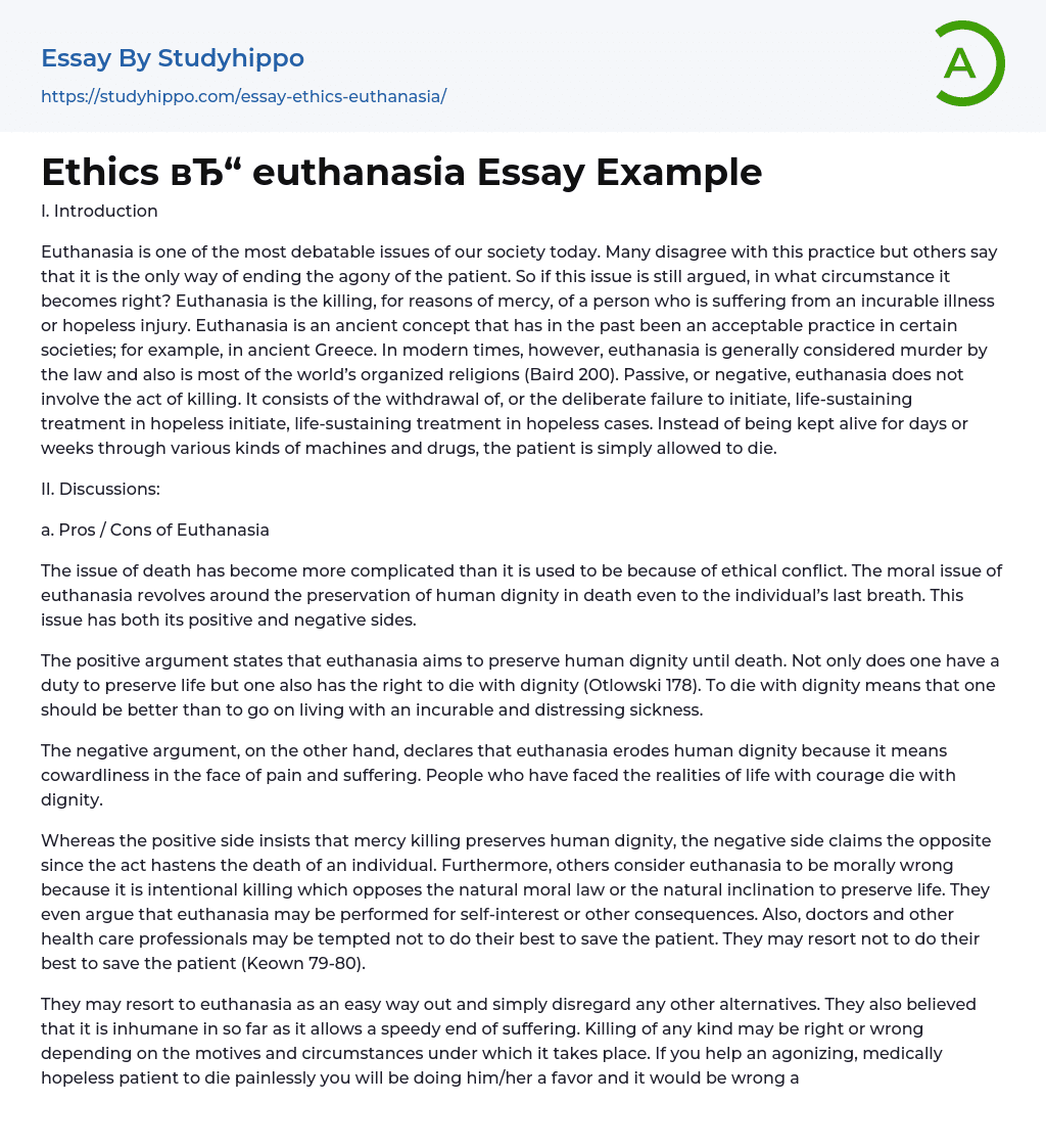 Ethics euthanasia Essay Example