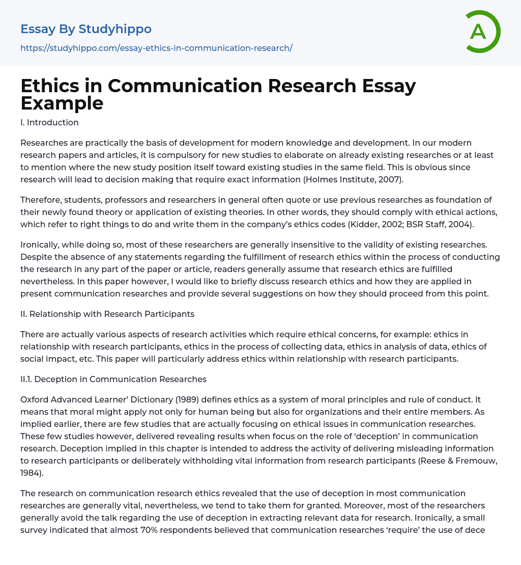 Ethics in Communication Research Essay Example