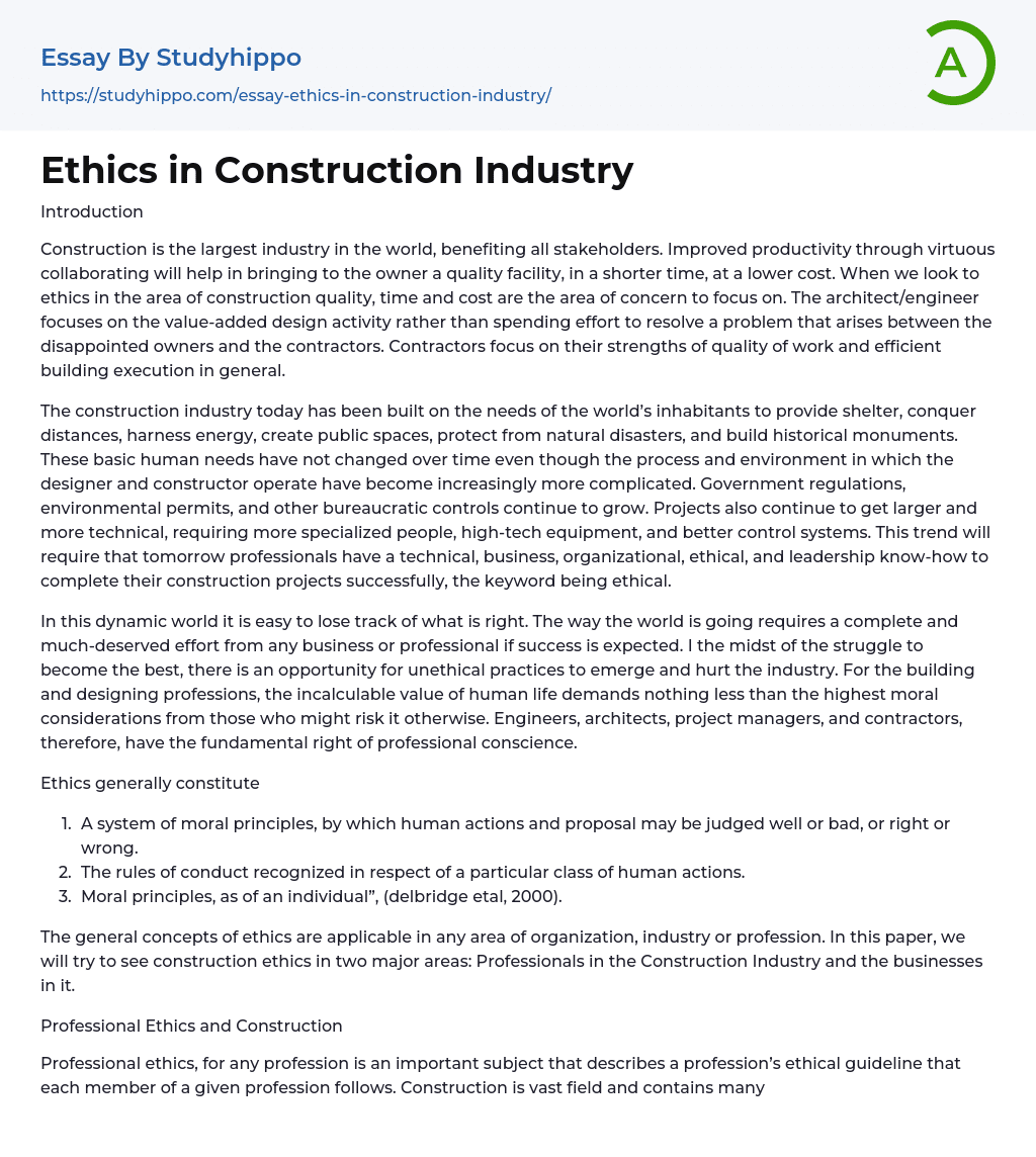 Ethics in Construction Industry Essay Example