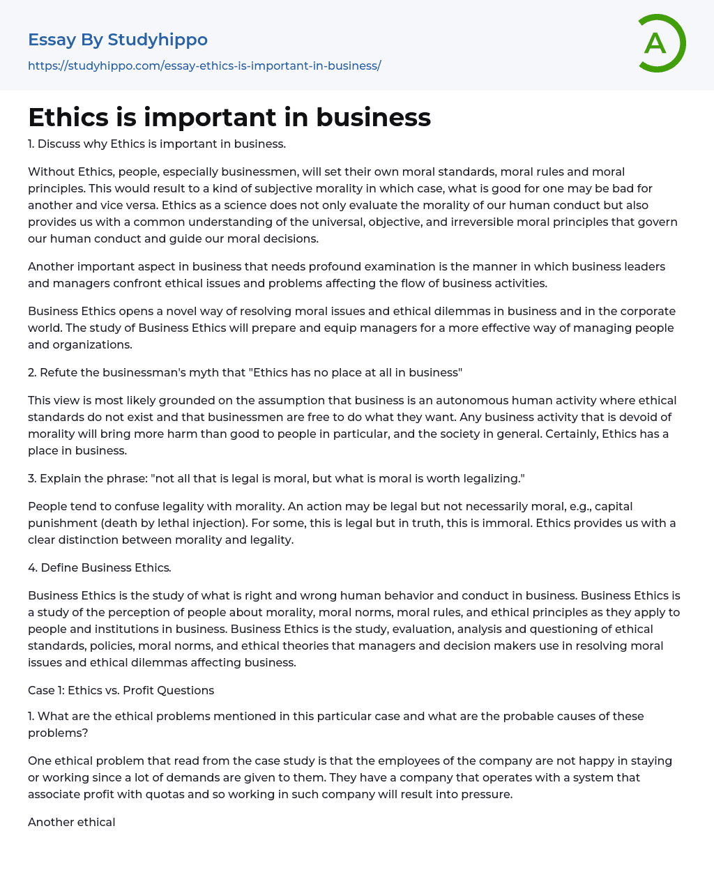 Ethics is important in business Essay Example