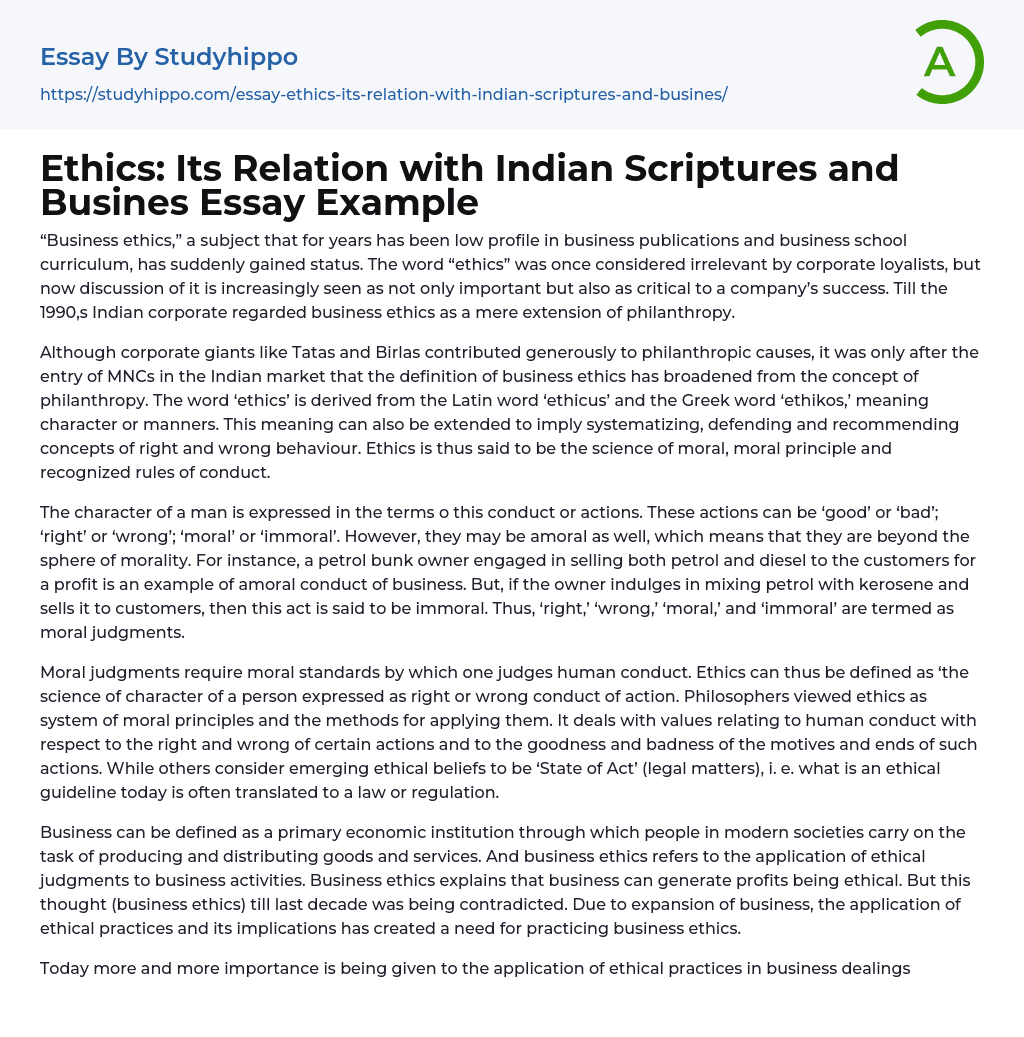 Ethics: Its Relation with Indian Scriptures and Busines Essay Example