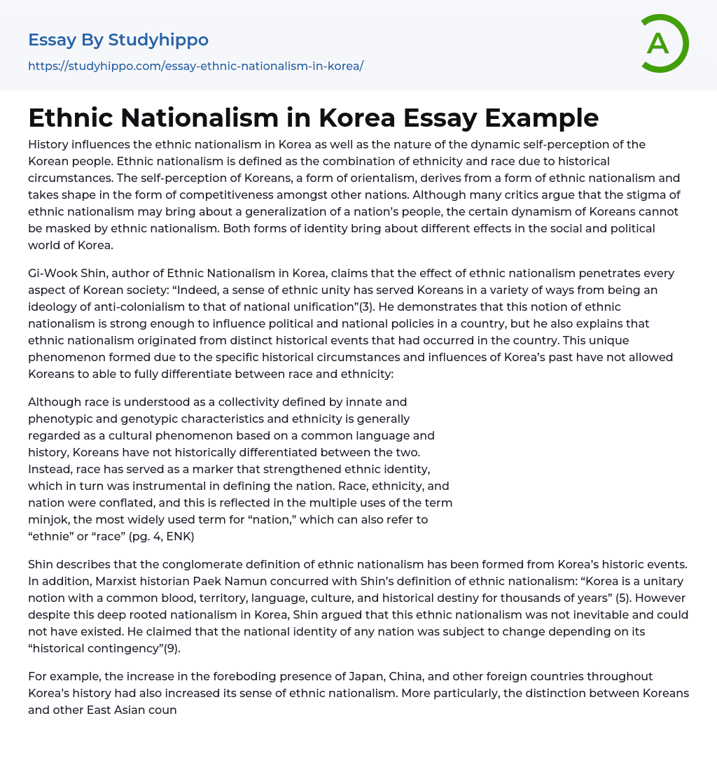 Ethnic Nationalism in Korea Essay Example