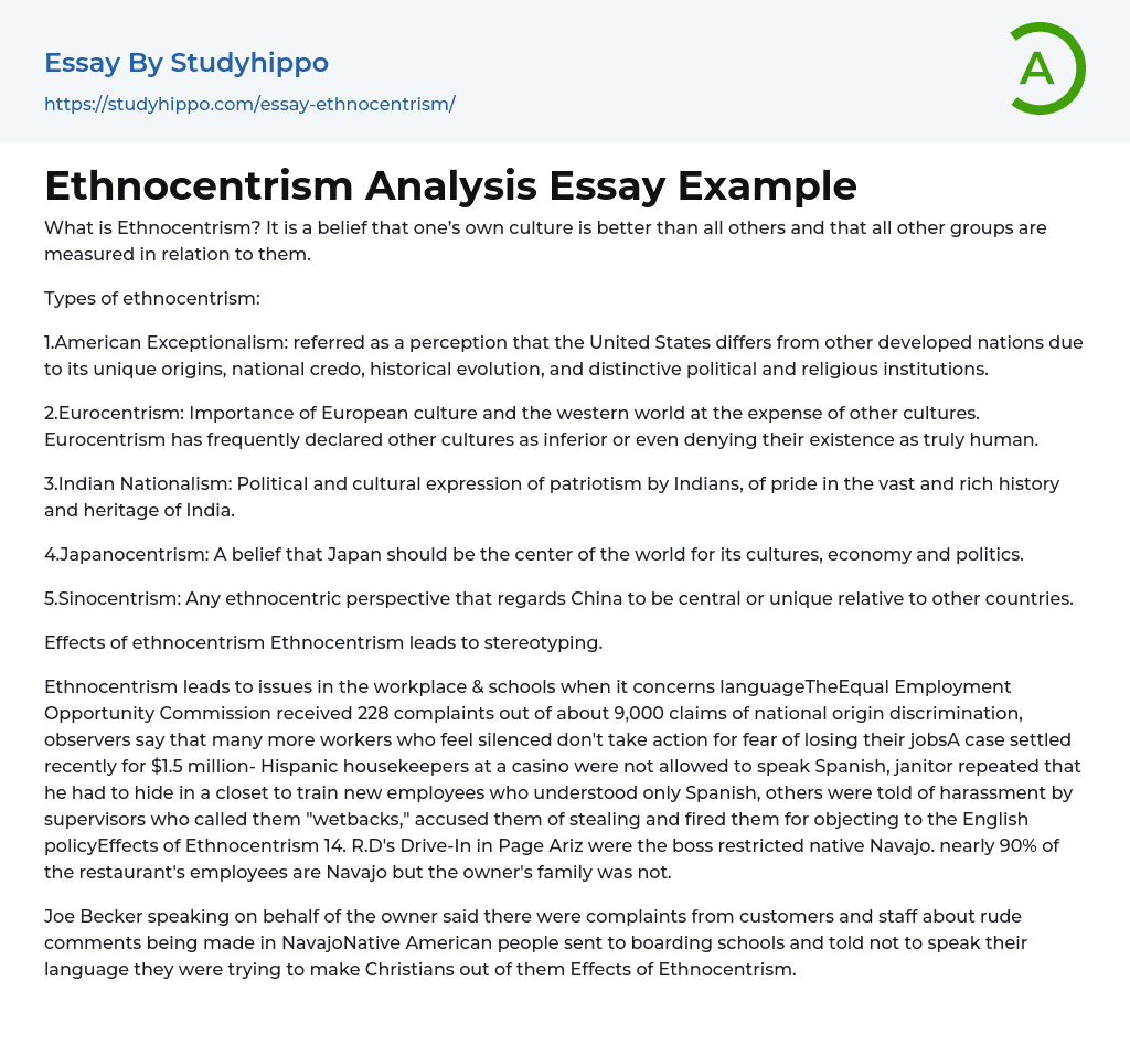 Ethnocentrism Analysis Essay Example