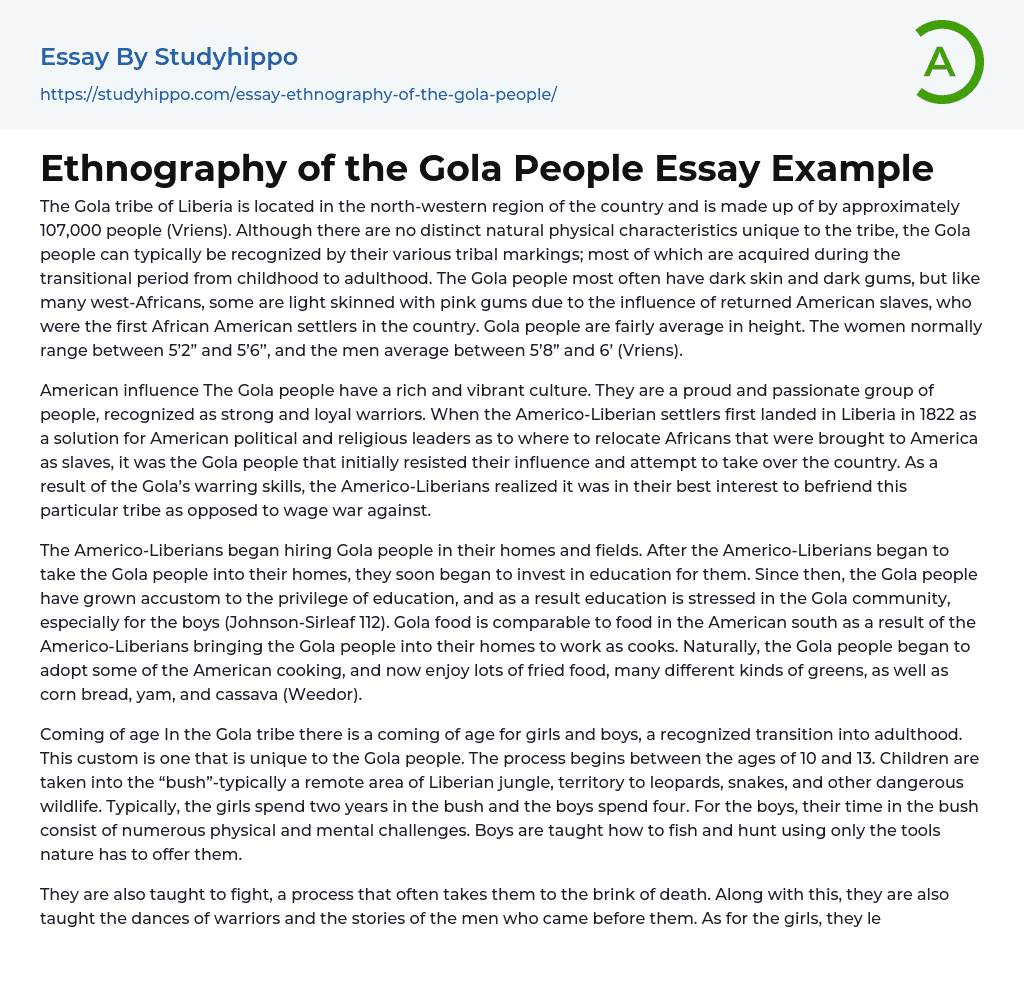 Ethnography of the Gola People Essay Example