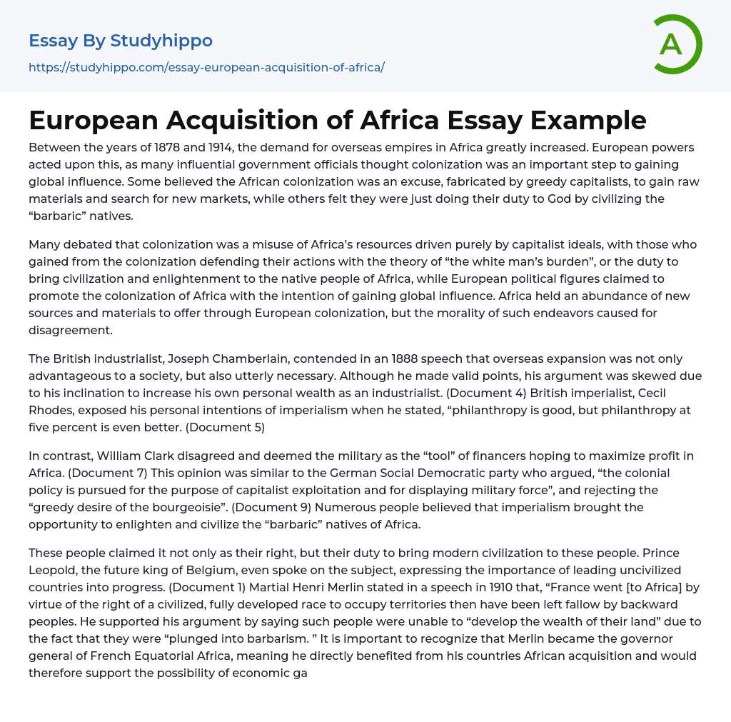 European Acquisition of Africa Essay Example