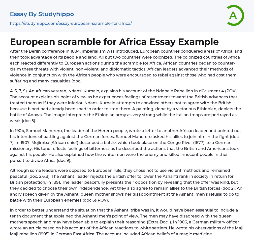European scramble for Africa Essay Example