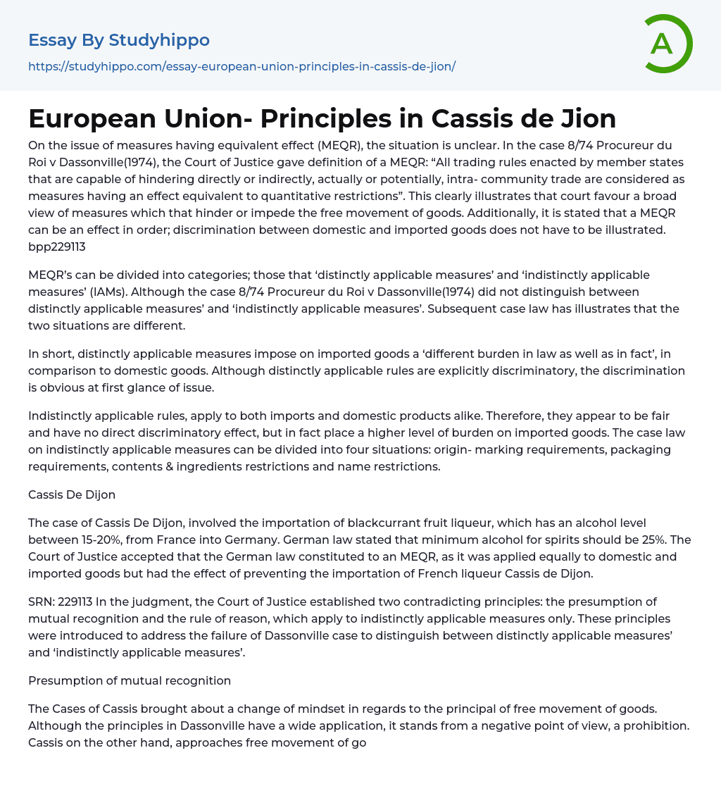 European Union- Principles in Cassis de Jion Essay Example