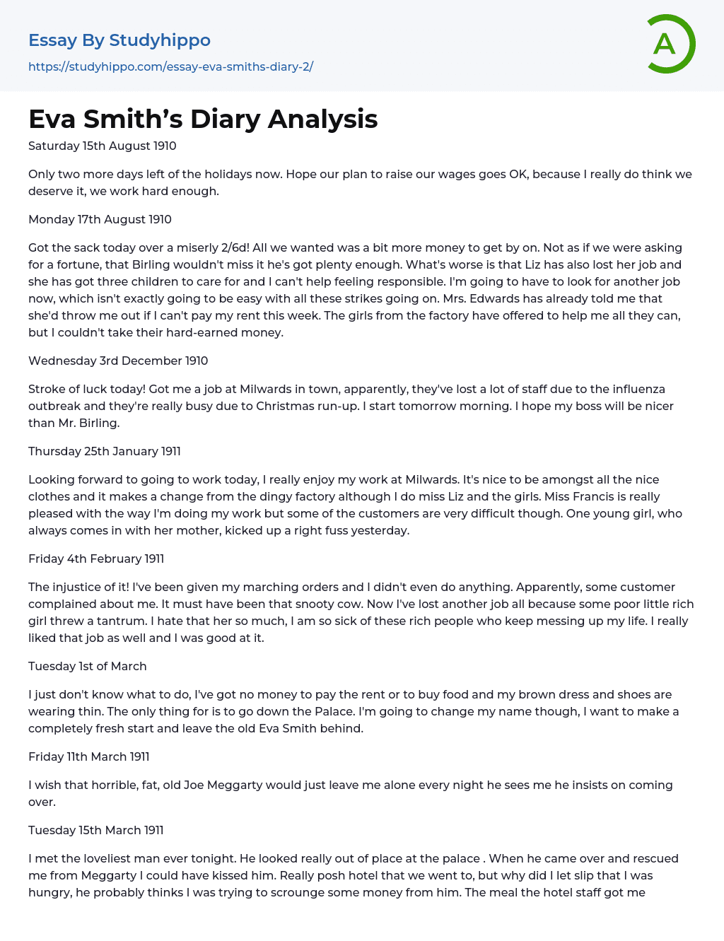 Eva Smith’s Diary Analysis Essay Example