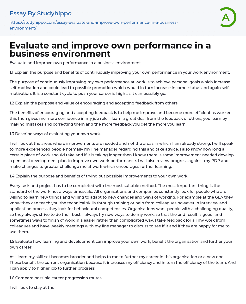 Evaluate and improve own performance in a business environment Essay Example