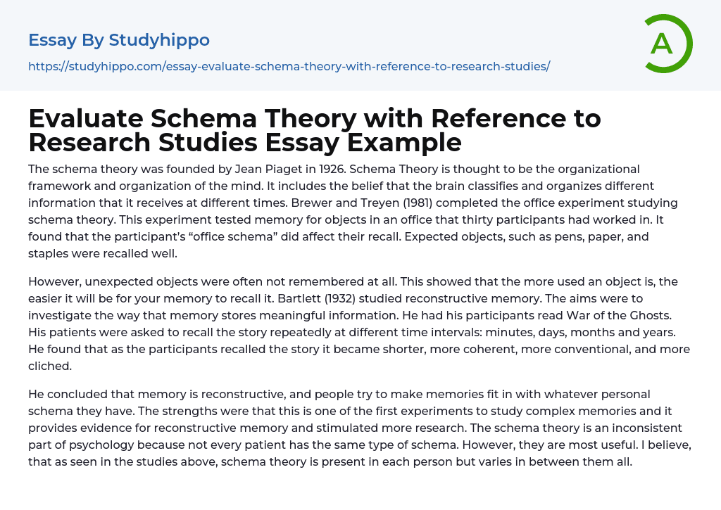 Evaluate Schema Theory with Reference to Research Studies Essay Example