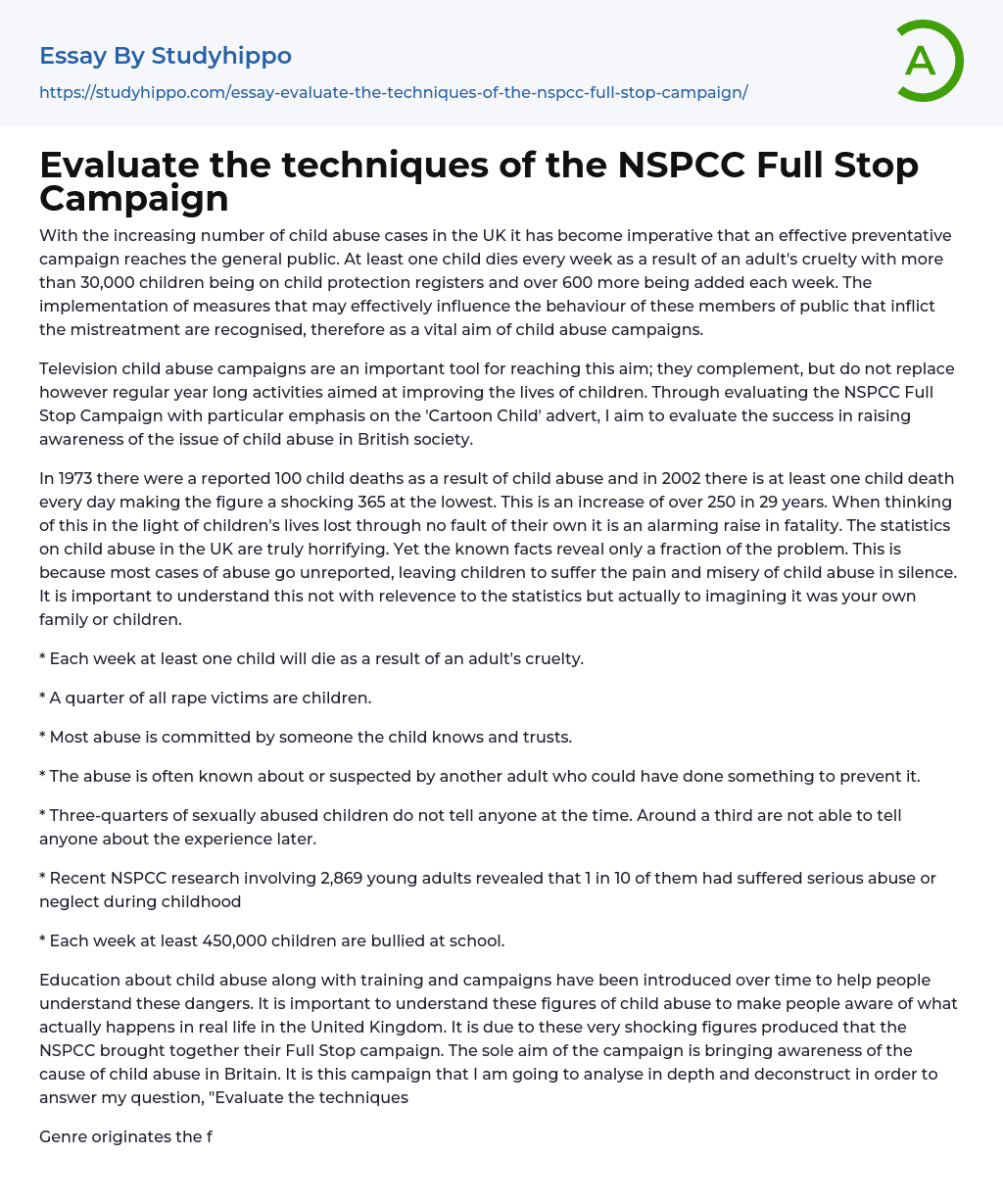 Evaluate the techniques of the NSPCC Full Stop Campaign Essay Example