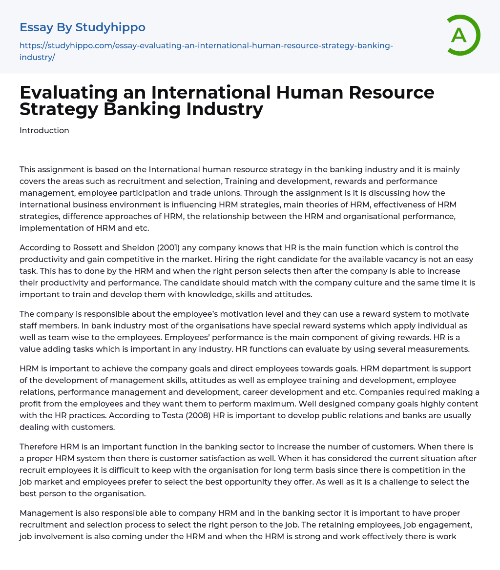 Evaluating an International Human Resource Strategy Banking Industry Essay Example