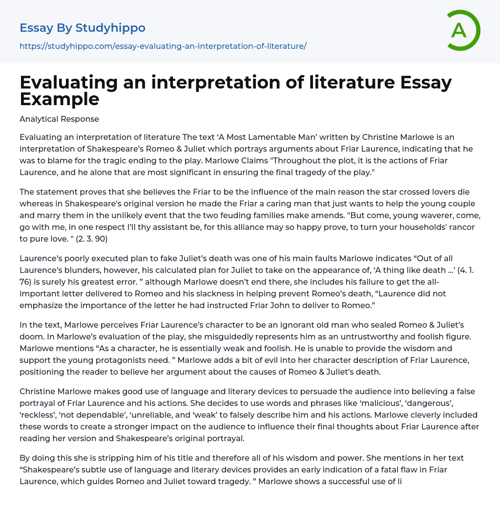 Evaluating an interpretation of literature Essay Example