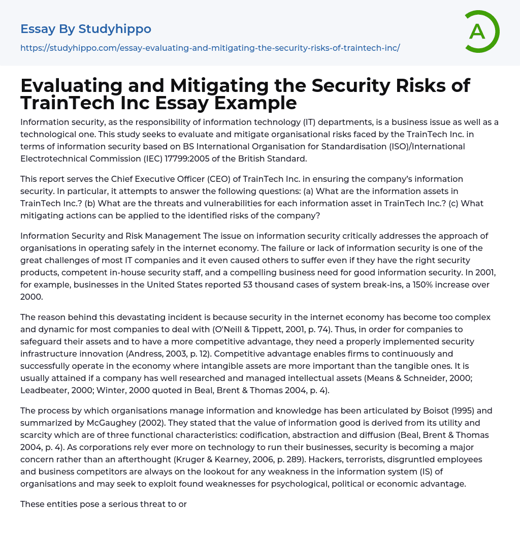 Evaluating and Mitigating the Security Risks of TrainTech Inc Essay Example