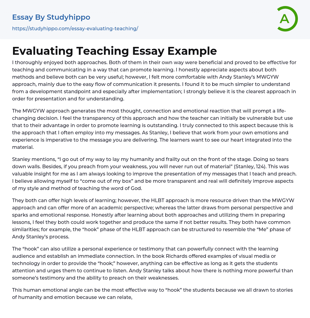 Evaluating Teaching Essay Example