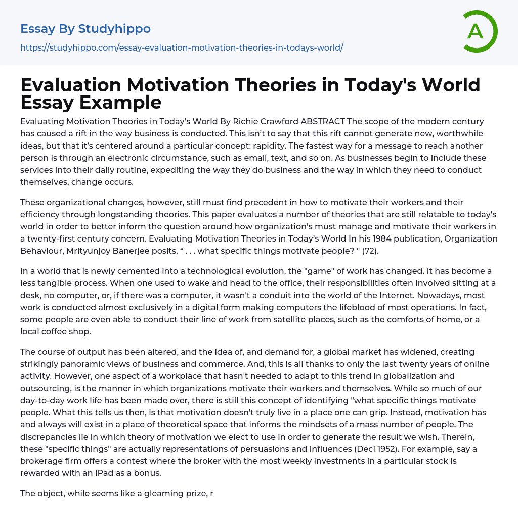 Evaluation Motivation Theories in Today’s World Essay Example