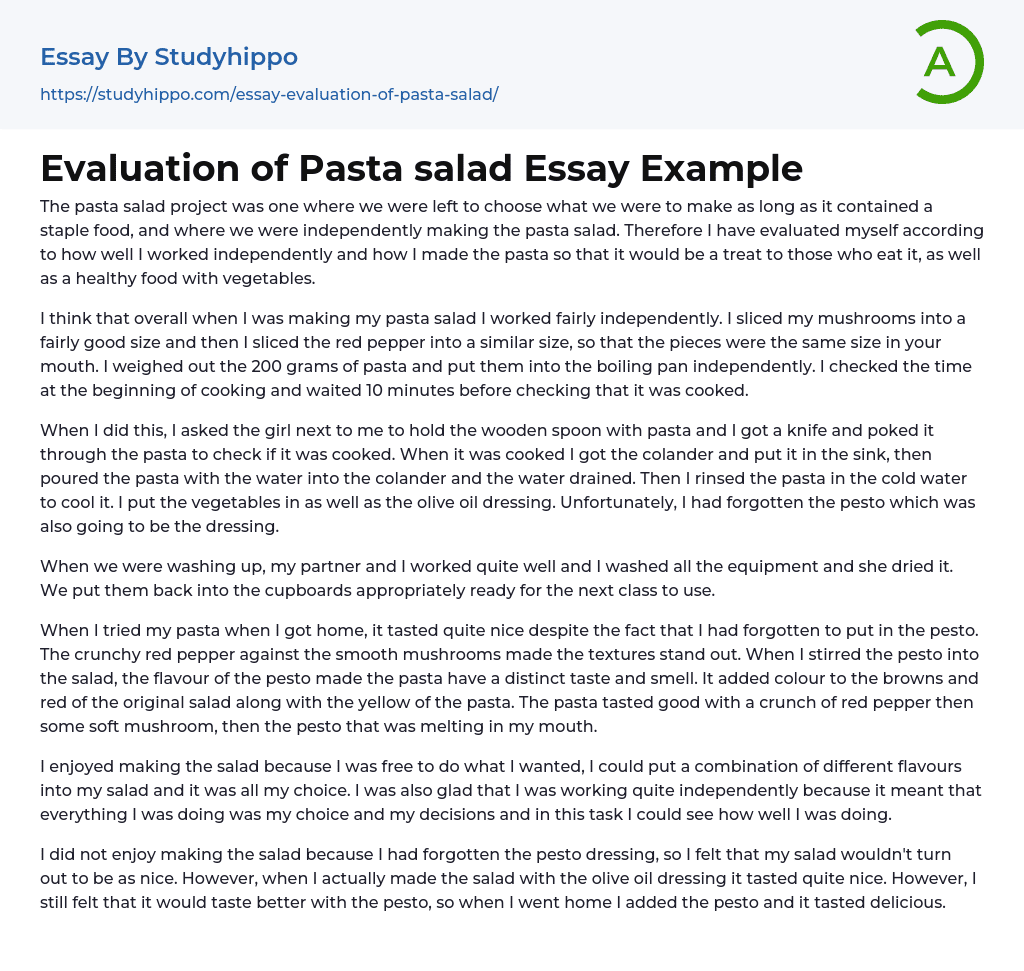 Evaluation of Pasta salad Essay Example