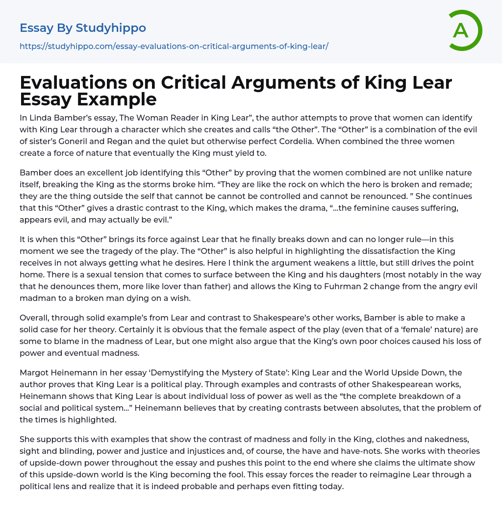 Evaluations on Critical Arguments of King Lear Essay Example