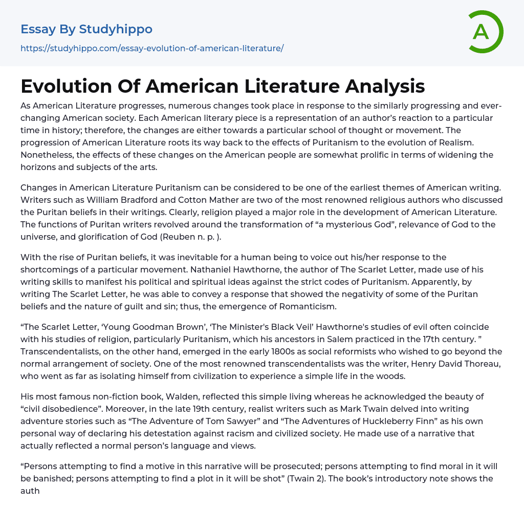 Evolution Of American Literature Analysis Essay Example