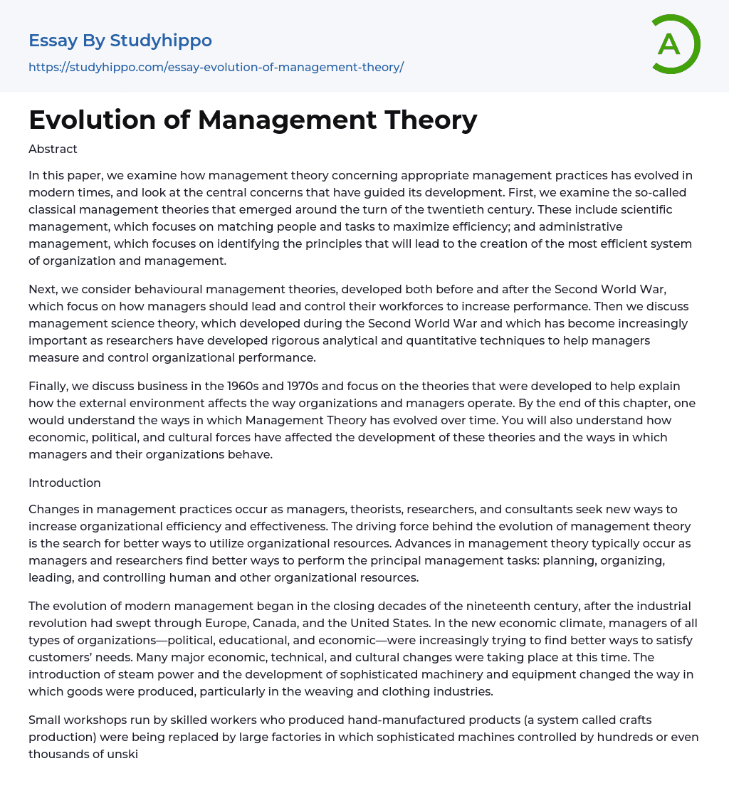Evolution of Management Theory Essay Example