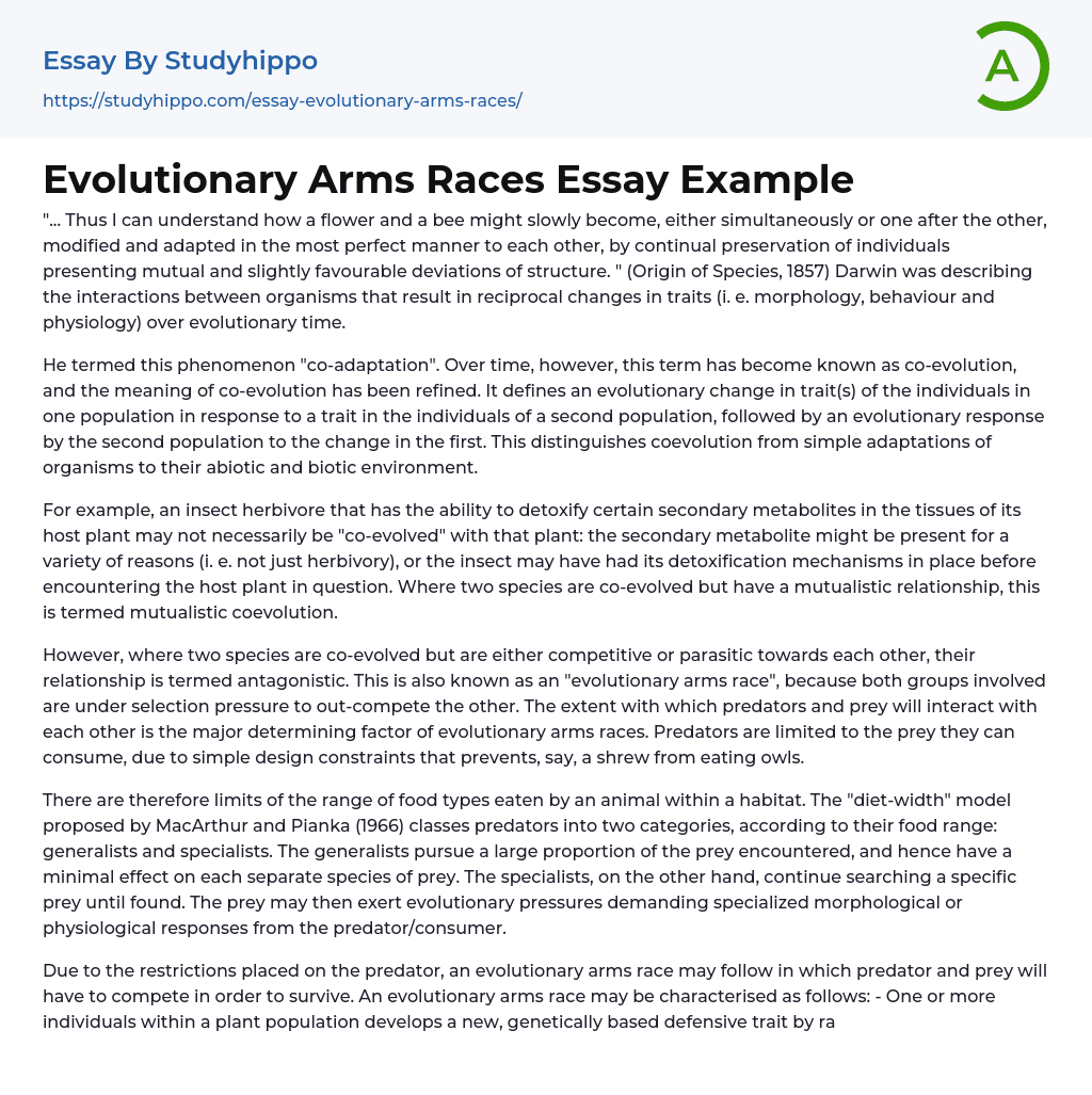 Evolutionary Arms Races Essay Example