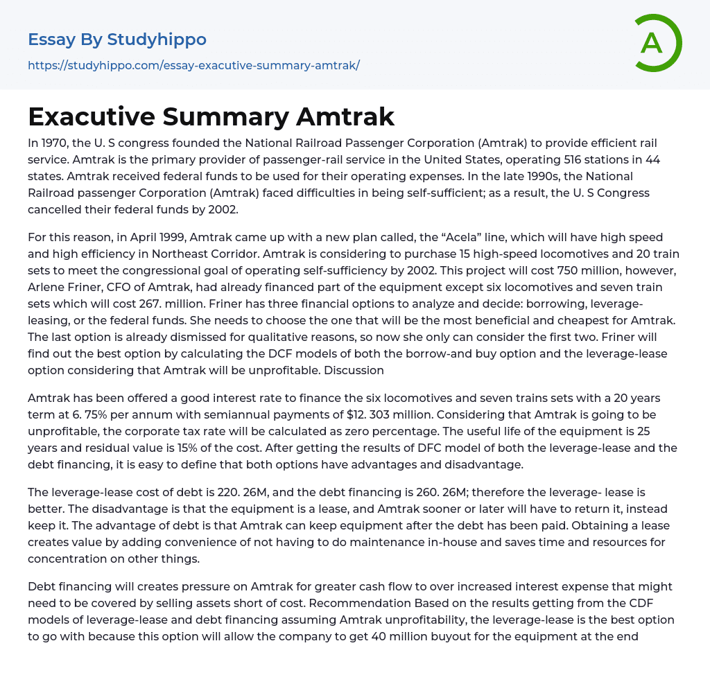 Exacutive Summary Amtrak Essay Example