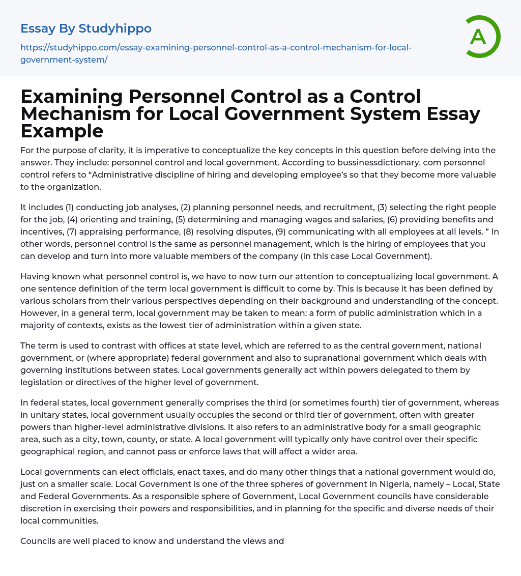 Examining Personnel Control as a Control Mechanism for Local Government System Essay Example