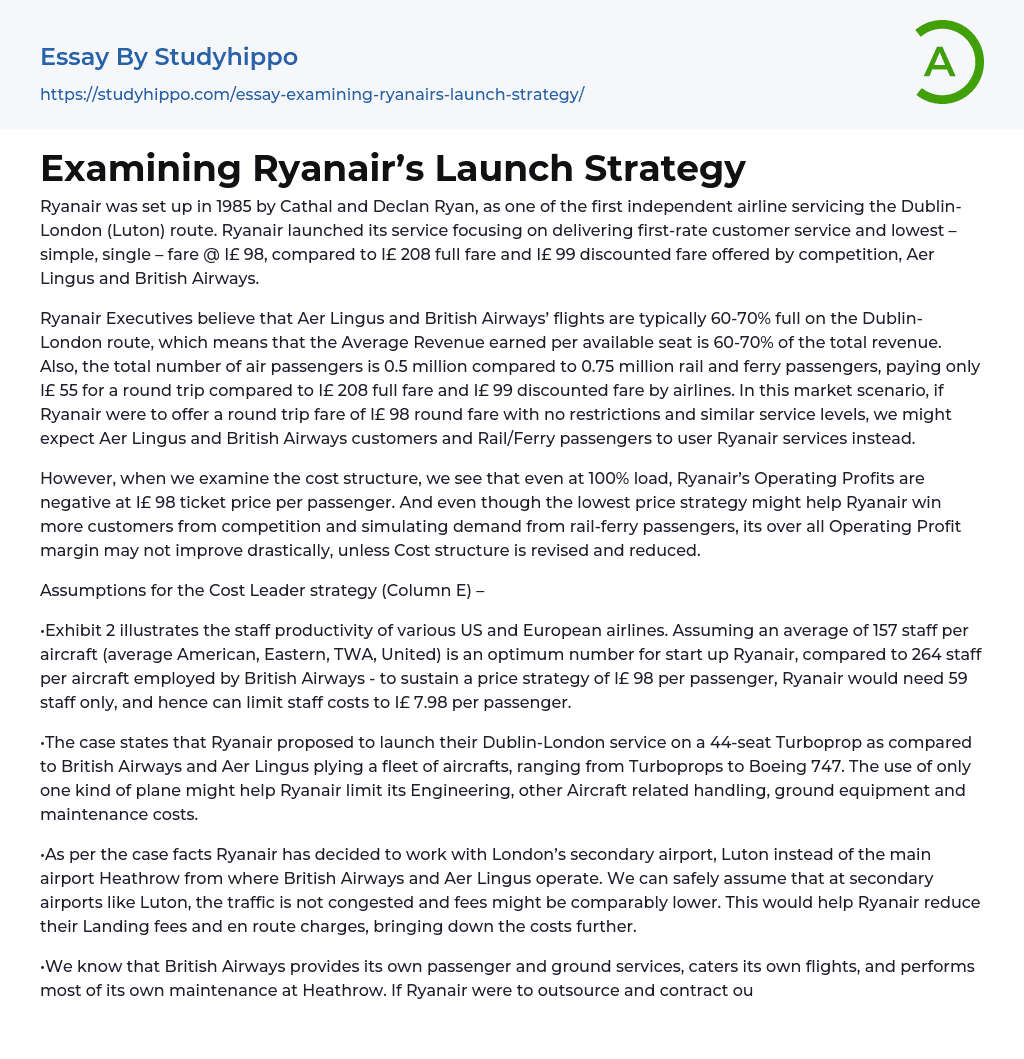 Examining Ryanair’s Launch Strategy Essay Example