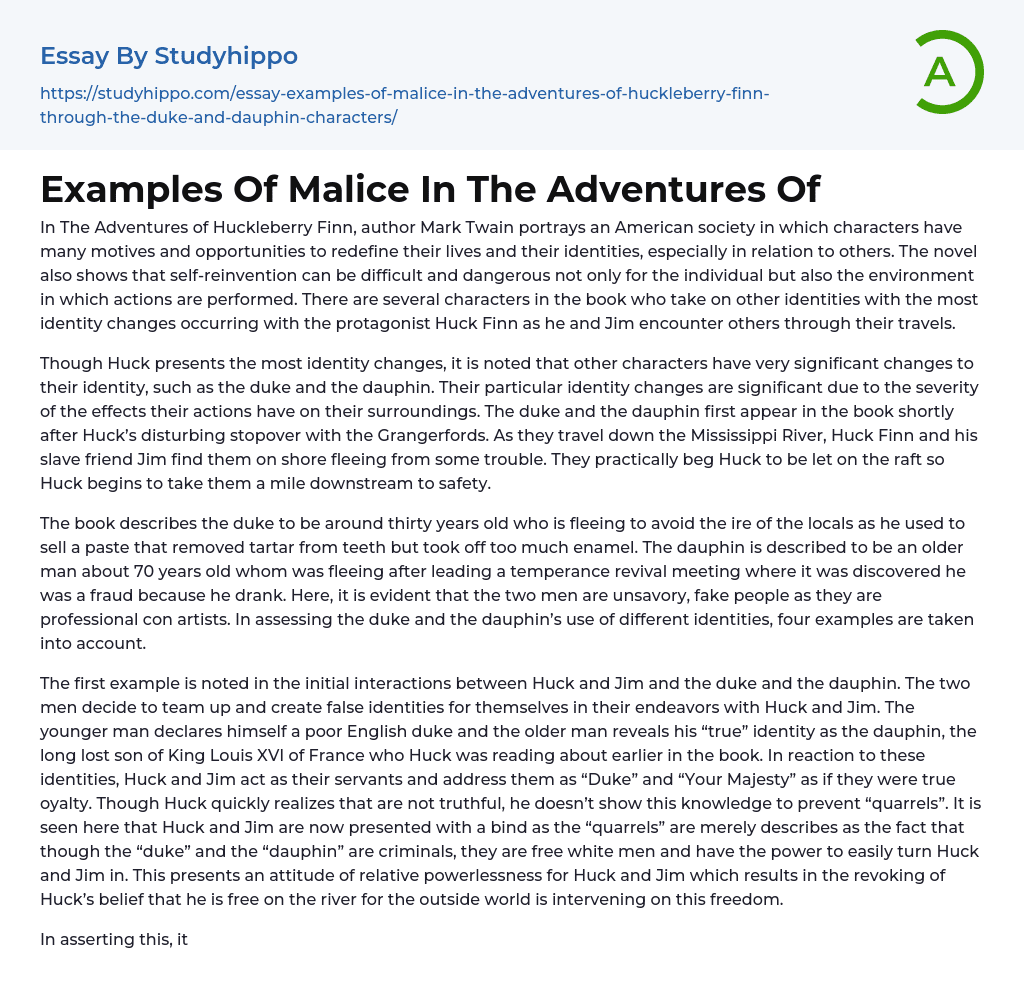 Examples Of Malice In The Adventures Of Essay Example