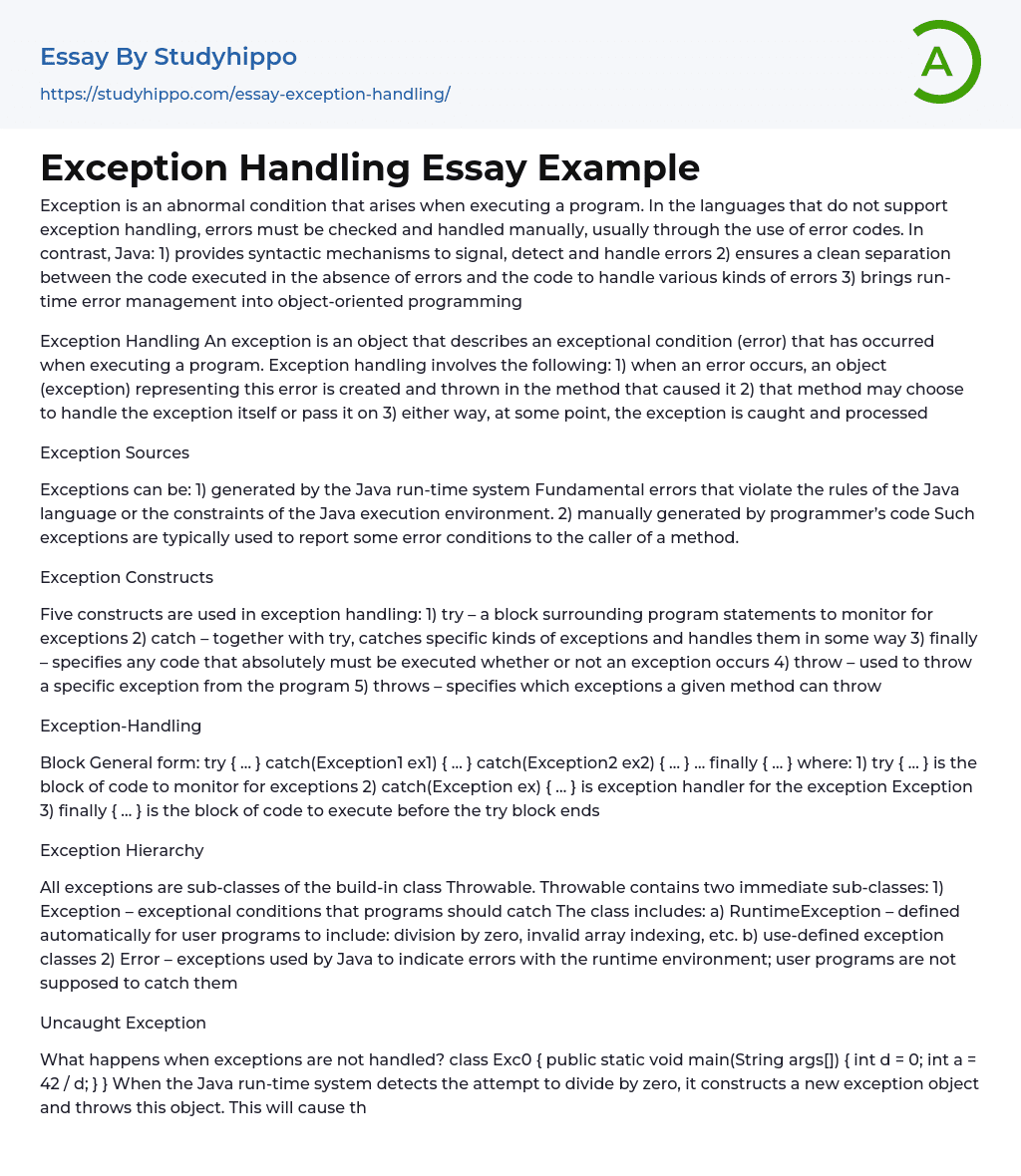 Exception Handling Essay Example