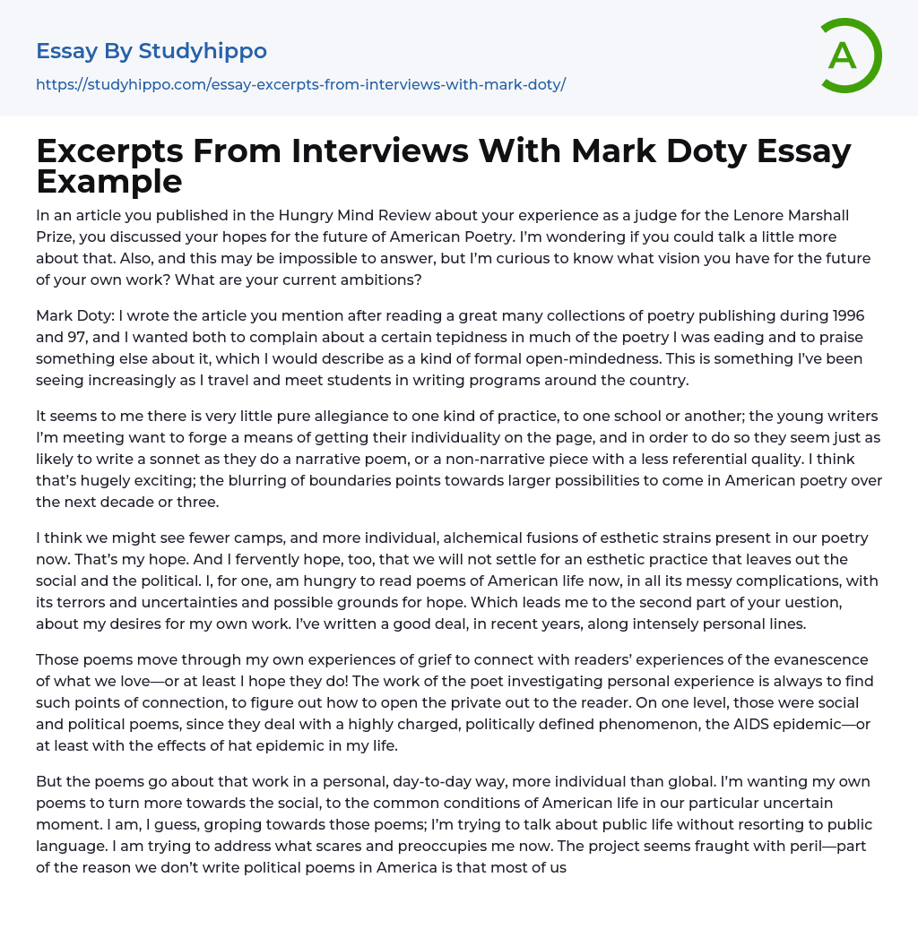 Excerpts From Interviews With Mark Doty Essay Example